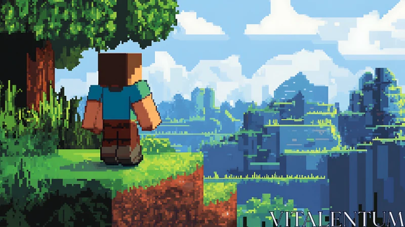 Pixelated explorer surveys voxel canyon under luminous sky