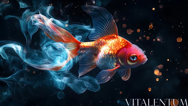 Luminous goldfish drifting through cosmic, glowing currents.