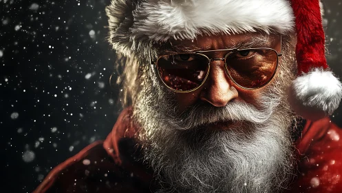 Edgy Santa Claus stares through snow in dramatic close-up.