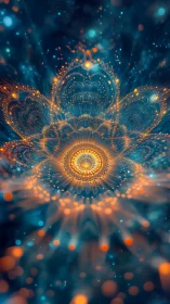 Stellar lotus ignites in teal void with cascading ember halos.