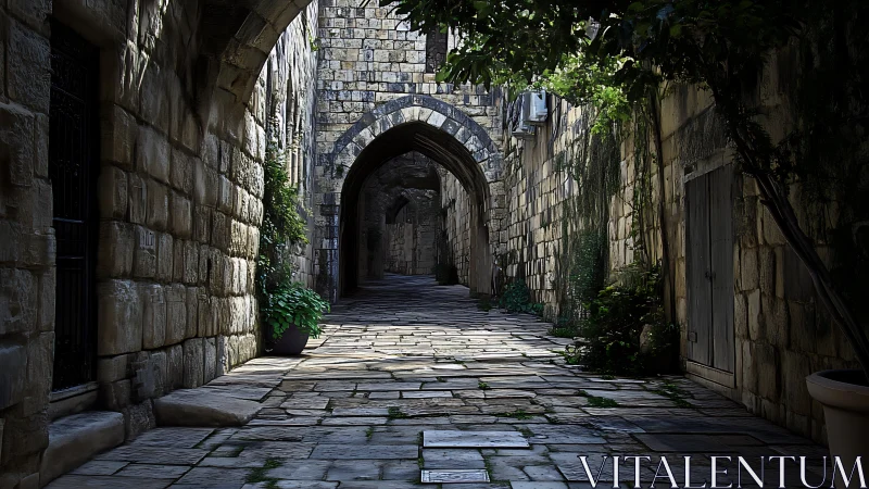 Stone alleyway with arches and vegetation recedes into distance