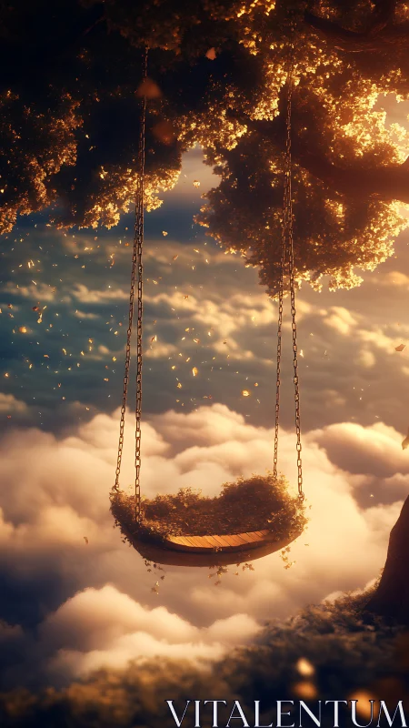 Suspended wooden swing seat above dense cloud layer.