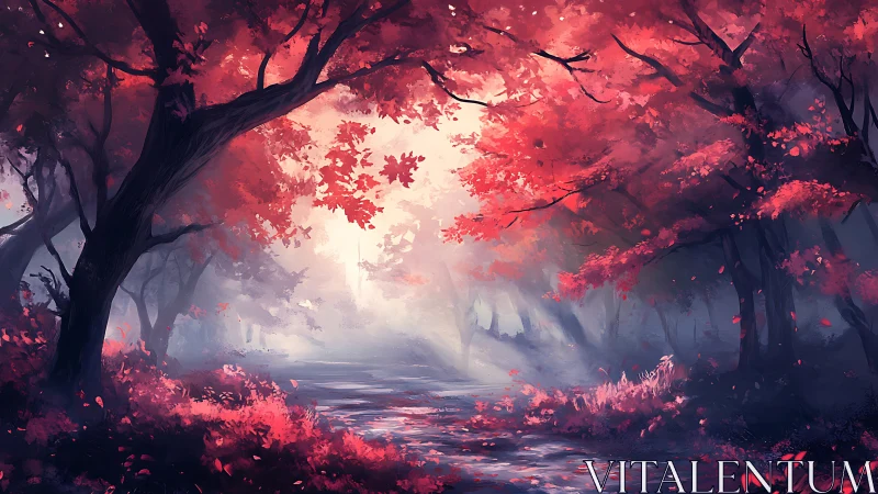 Luminescent Crimson Forest Canopy with Atmospheric Radiance Pathways.