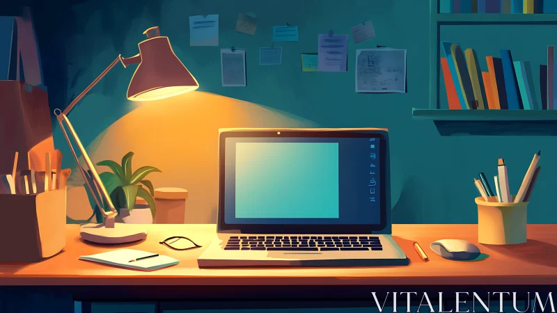 Organized home workspace with laptop and desk lamp.