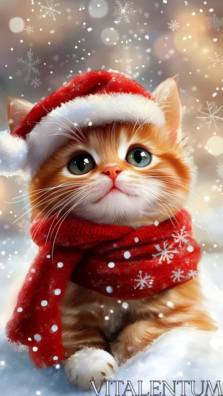 Orange kitten in red winter clothing with snow background.