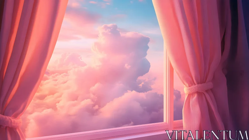 Chromatic cloudscape framed by softly diffused window drapery.