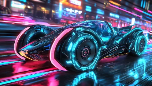 Neon-trimmed cybercar races through wet cityscape with motion blur