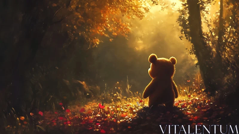 Autumn-lit teddy bear wanders into a golden storybook forest.