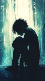 Silhouetted figure curls inward under cold cascading light.