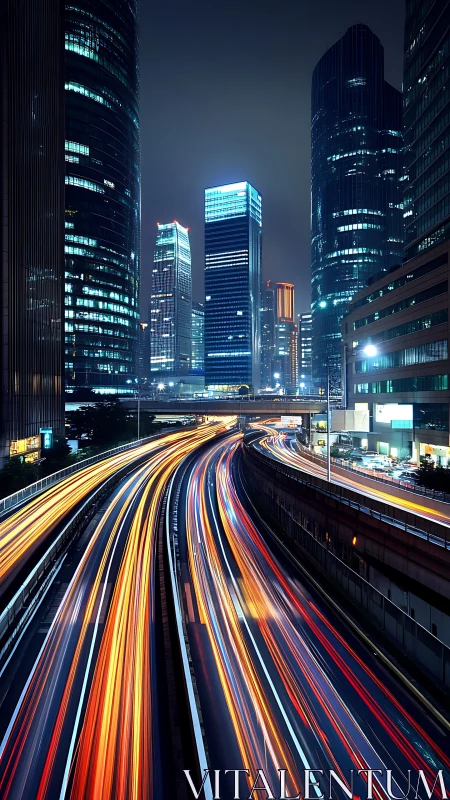 Nocturnal city freeway with neon light trails in motion.
