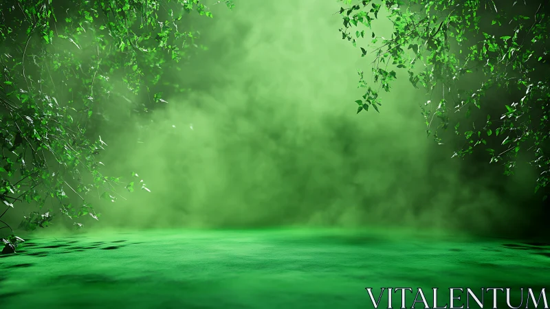 Green misty forest clearing with overhanging leafy branches.