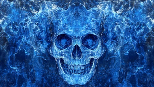 Fractal blue skull rendered in symmetric flaming plasma contours