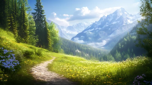 Luminous alpine valley path with stratified mountain vistas.
