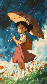 Anime schoolgirl holds umbrella in stylized rain-swept meadow scene