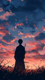 Quiet samurai watches the glowing sunset sky in still wonder