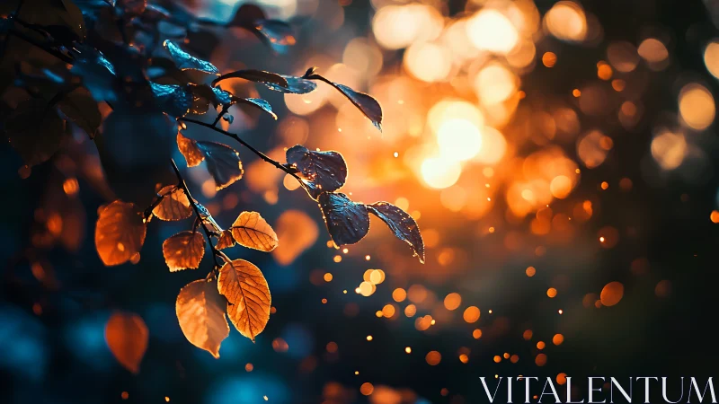 Leaves trade whispers with sunset sparks in glowing drizzle