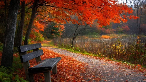 Warm wooden bench welcomes quiet rest under fiery autumn leaves
