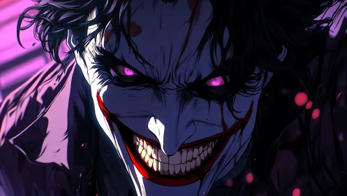 Sinister grinning villain with glowing violet eyes.