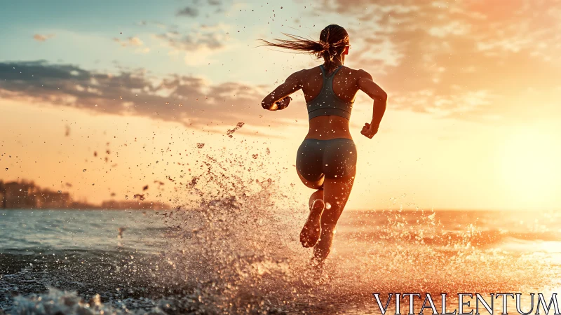 Backlit female athlete sprinting through surf at golden sunset