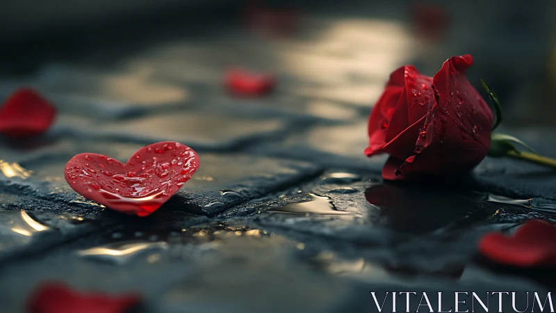 Crimson petals scattered across wet obsidian surface with hyperblurred rose.