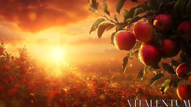 Digital painting of sunlit apple orchard at golden hour perspective.