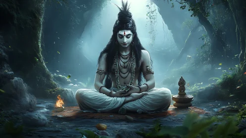 Meditating ascetic figure in forest clearing with ritual items.