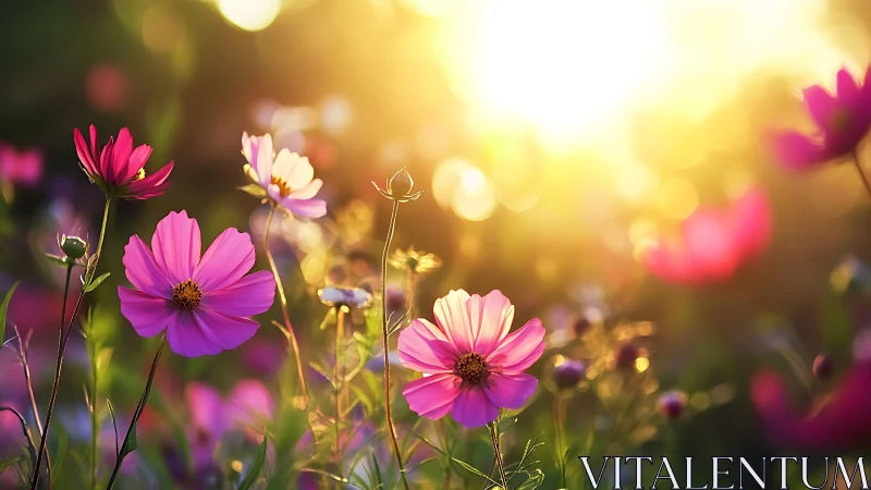 Sunlit pink cosmos blossoms glowing in a golden meadow.