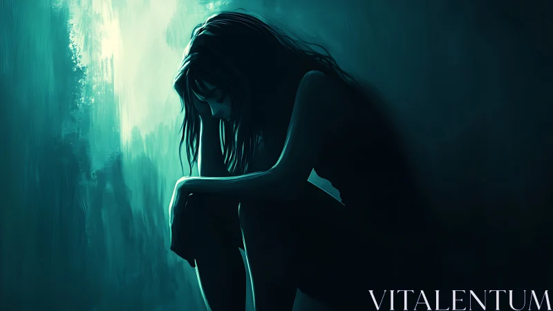 Solitary seated figure in low teal light, side profile view.