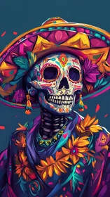 Chromatic calavera portrait with floral marigold wreaths.