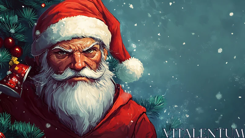 Painterly stern Santa portrait with cinematic holiday framing.