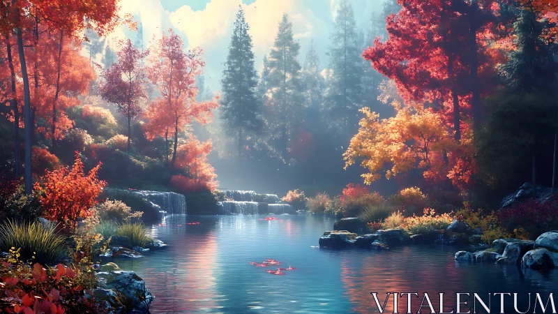 Radiant autumn forest lagoon with cascading waterfalls glow.