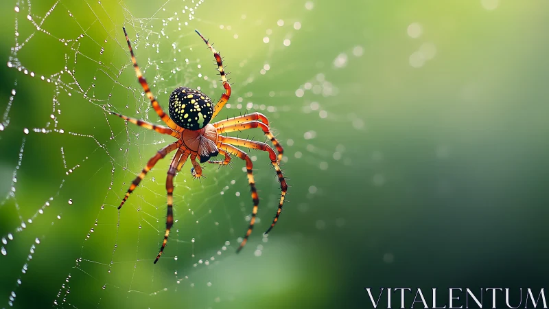 Colorful orb-weaver spider on dew-covered web at sunrise.