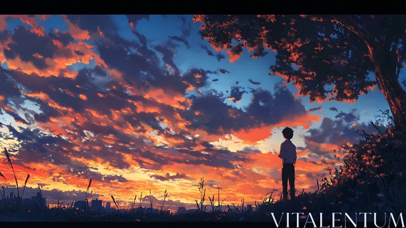 Solitary silhouette observing high-saturation anime sunset sky