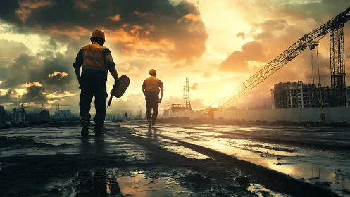 Golden sunset honors construction workers on a quiet site