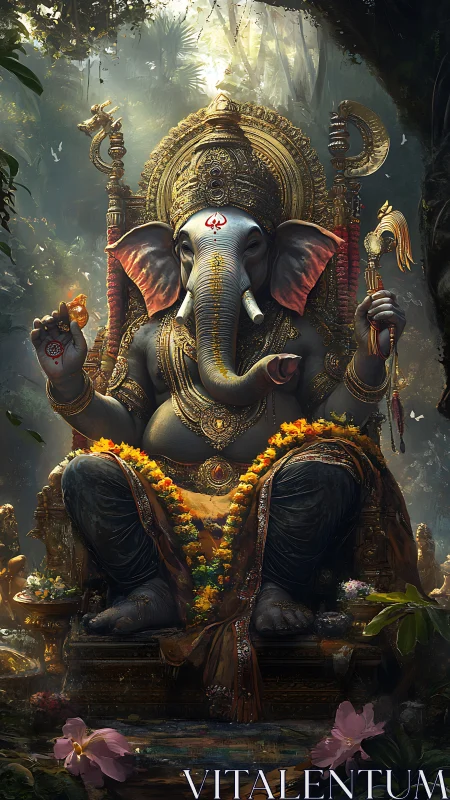Forest-lit Ganesha sits in gilded stillness, blessing dawn