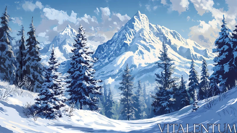 Snow-covered conifer forest beneath high alpine peaks.