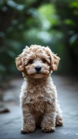 Curly haired puppy sits calmly on a soft forest pathway