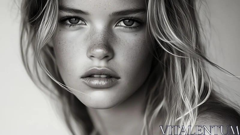 Monochrome portrait captures freckled gaze and wet lips.
