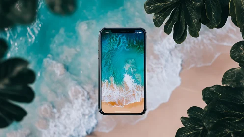 Smartphone screen aligns with aerial beach and ocean view