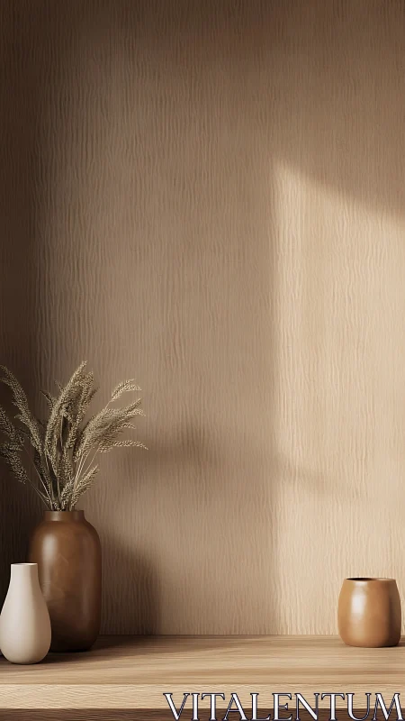 Minimalist shelf with neutral vases and dried grass decor.