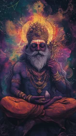 Mystic sage in cosmic meditation with radiant astral halo.