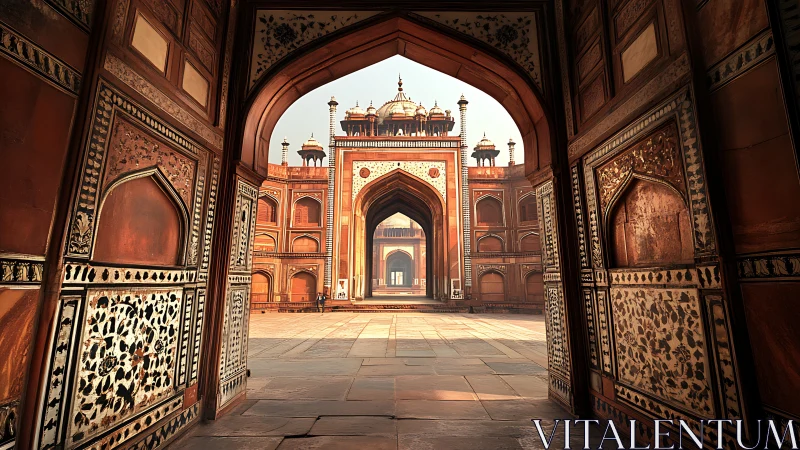 Sunlit Mughal courtyard framed by ornate red sandstone arches.