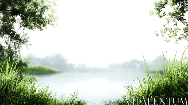 Serene lakeside landscape with lush greenery in digital art style.