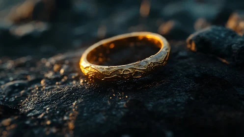 Gold ring rests on textured rock under low directional light