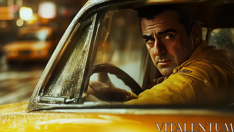 Rain-lit urban taxi driver in cinematic shallow focus study.