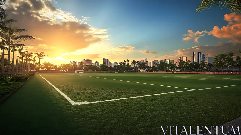 Sunlit city soccer field inviting quiet pre-game moments.