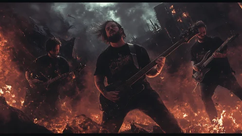 Three guitarists perform amid digitally rendered fire and ruins