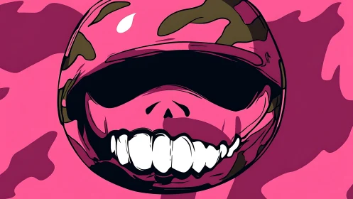 Pink camo helmet skull with bold graphic grin.