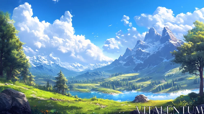 Digital landscape shows alpine valley, lake and distant peaks