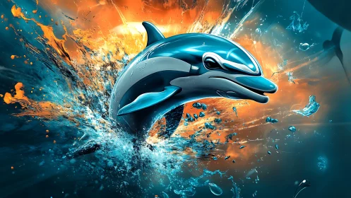 3D chrome dolphin bursting through aqua flame vortex composition.